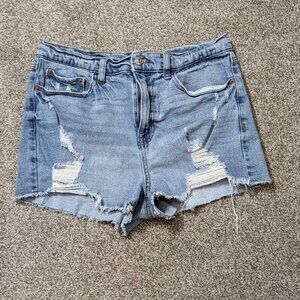 REWASH #bemore, Blue Denim Distressed Cut-Off High Rise Jean Shorts; Size 5/27